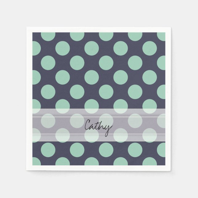 Monogram Navy Blue Mint Green Polka Dot Pattern Napkin (Front)