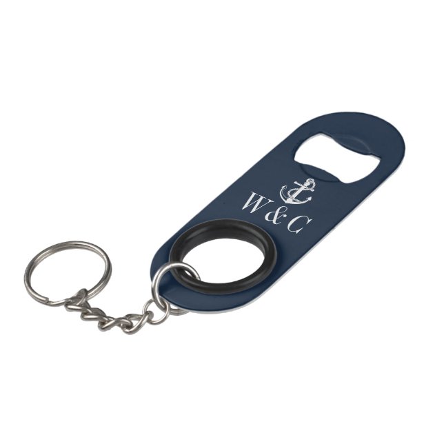 Monogram Navy Blue Nautical Boat Anchor Keychain B Keychain Bottle Opener (Front Angled)