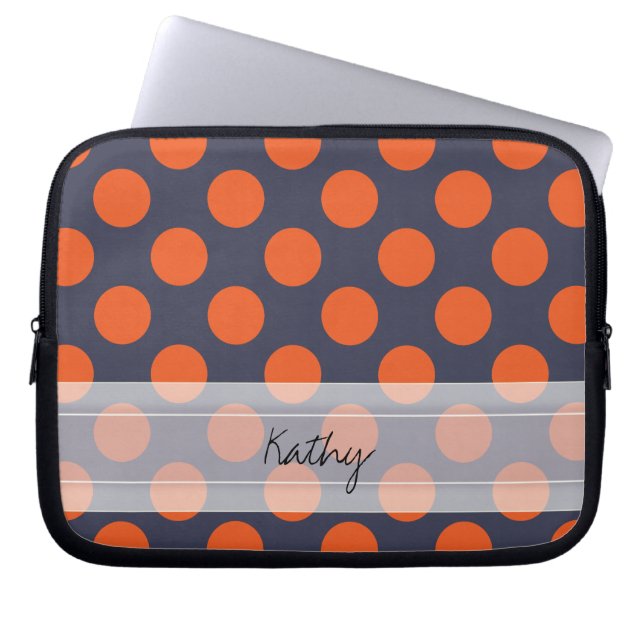Monogram Navy Blue Orange Chic Polka Dot Pattern Laptop Sleeve (Front)