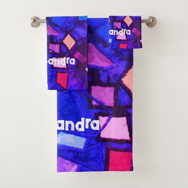 Monogram navy blue pink colourful bright abstract  bath towel set (Insitu)