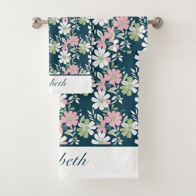 Monogram Navy blue Pink Green White Floral Flowers Bath Towel Set (Insitu)