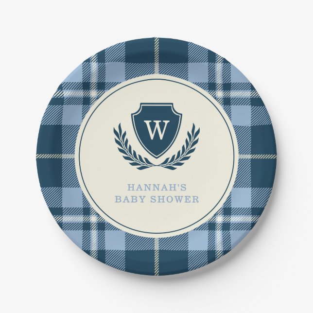 Monogram Navy Blue Plaid Baby Boy Shower  Paper Plate (Front)
