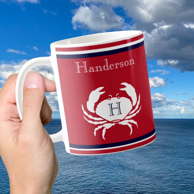Monogram Navy Blue Red  White Crab Nautical Coffee Mug (Creator Uploaded)