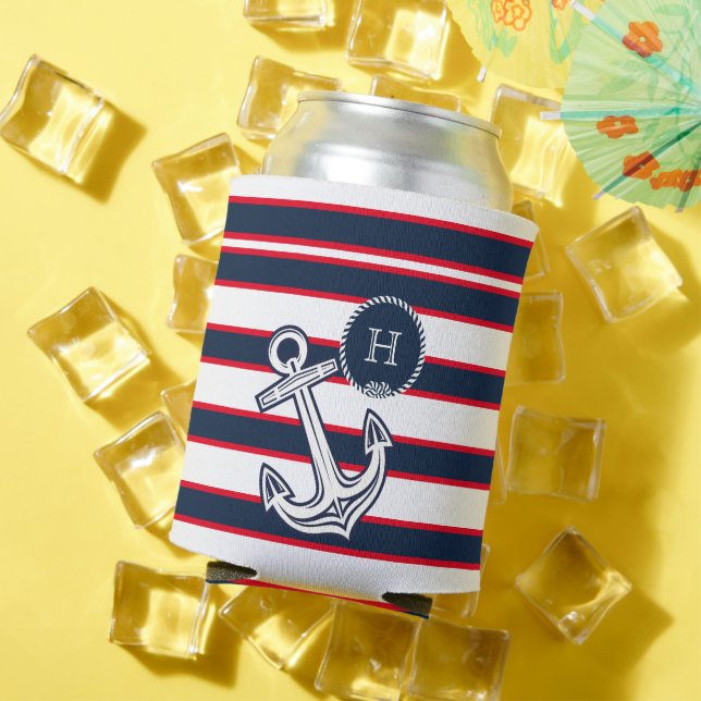 Monogram  Navy Blue Red White Nautical Stripes  Can Cooler (In Situ Summer)