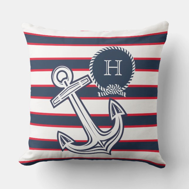 Monogram  Navy Blue Red White Nautical Stripes Outdoor Pillow (Front)