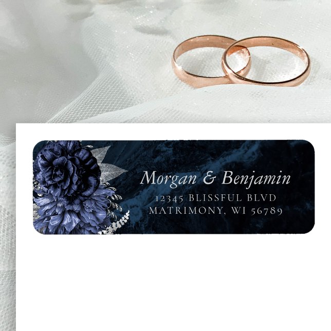 Monogram Navy Blue Silver Floral Return Address (Creator Uploaded)