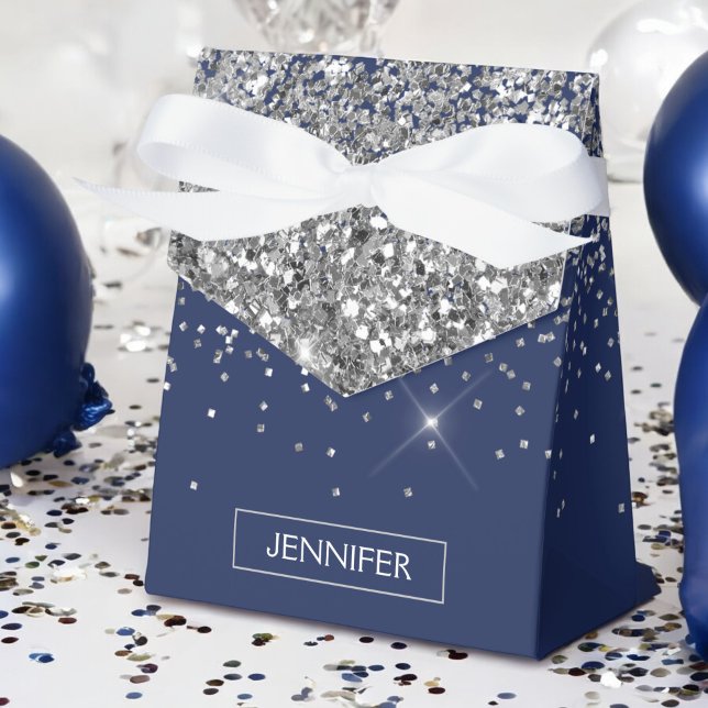 Monogram Navy Blue Silver Glam Glitter Favor Box (Creator Uploaded)