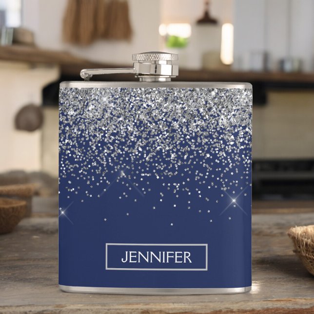 Monogram Navy Blue Silver Glam Glitter Hip Flask (Creator Uploaded)