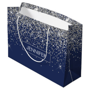 Monogram Navy Blue Silver Glam Glitter Large Gift Bag