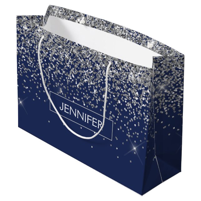 Monogram Navy Blue Silver Glam Glitter Large Gift Bag (Back Angled)