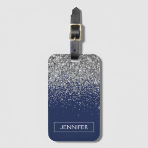 Monogram Navy Blue Silver Glam Glitter Luggage Tag