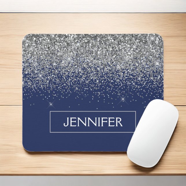 Monogram Navy Blue Silver Glam Glitter Mouse Pad (Creator Uploaded)