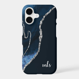 Monogram Navy Blue Silver Glitter Chic Modern