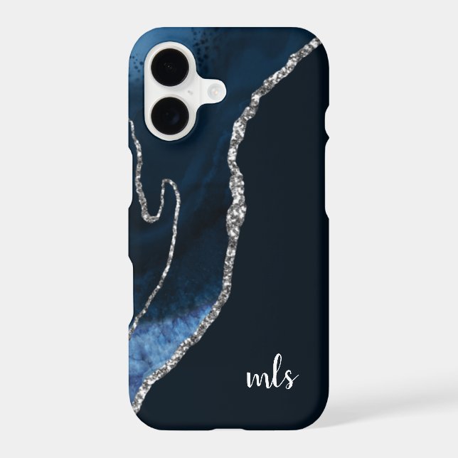Monogram Navy Blue Silver Glitter Chic Modern (Back)