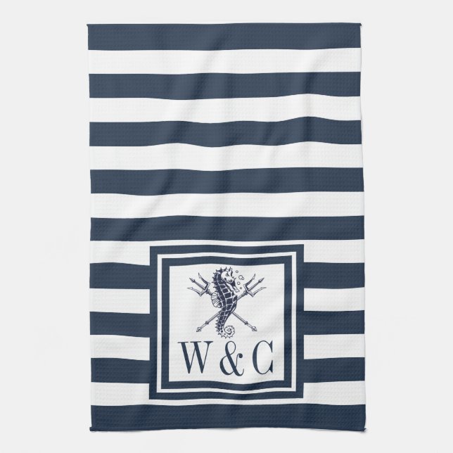 Monogram Navy Blue Stripe Seahorse Nautical Kitchen Towel (Vertical)