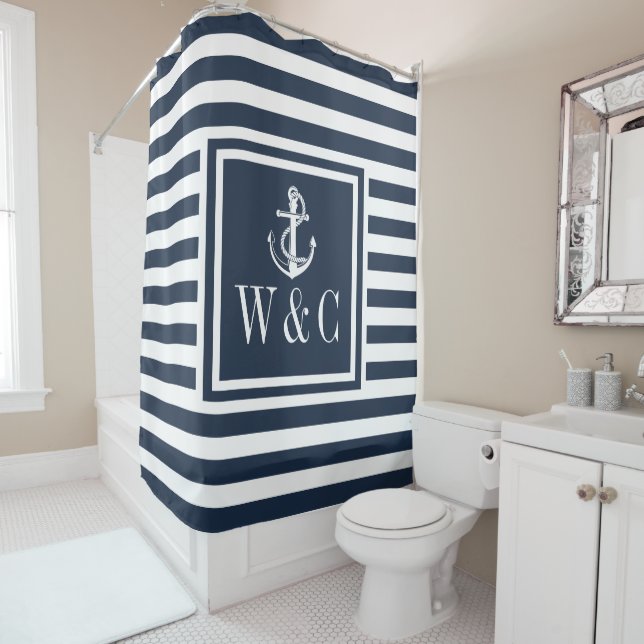Monogram Navy Blue Striped Nautical Boat Anchor (In Situ)
