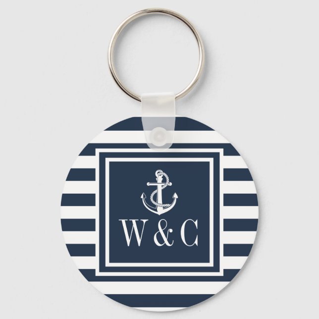 Monogram Navy Blue Striped Nautical Boat Anchor Keychain (Front)