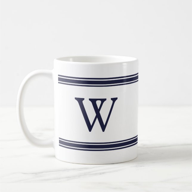 Monogram Navy Blue Striped Personalized Mug (Left)