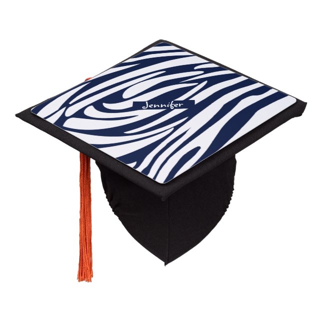 Monogram Navy Blue Striped Zebra Pattern Graduation Cap Topper (Angled)