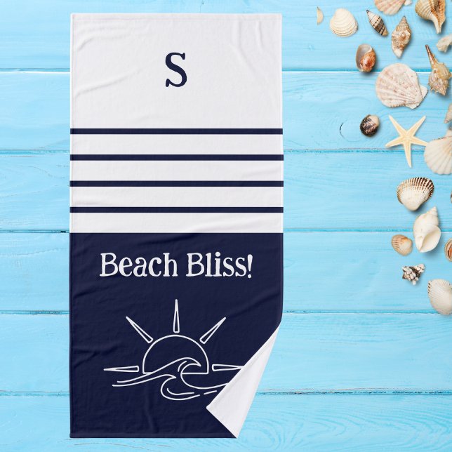Monogram Navy Blue Stripes Nautical Beach House Bath Towel Set (Creator Uploaded)