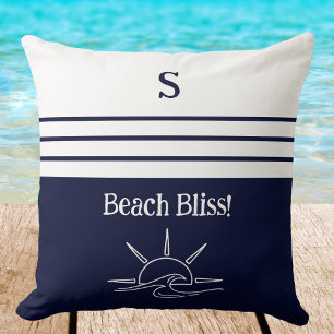 Monogram Navy Blue Stripes Nautical Beach House Throw Pillow