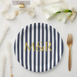 Monogram Navy Blue Stripes Striped Anniversary Paper Plate<br><div class="desc">Modern vintage striped design. Vertical stripes pattern design in chic french classic summer sailor navy blue and white colour.</div>