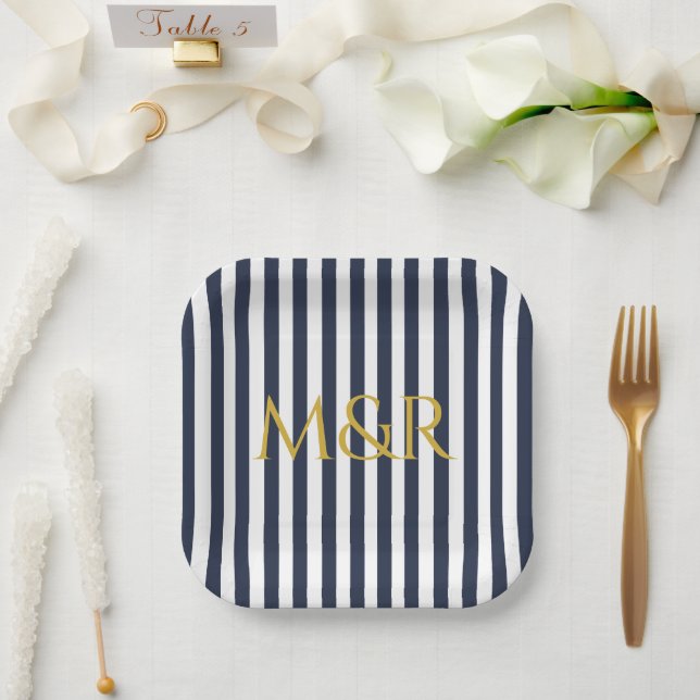 Monogram Navy Blue Stripes Striped Anniversary Paper Plate (Wedding)