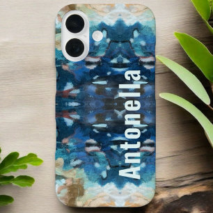 Monogram navy blue teal cream abstract watercolor iPhone 16 case