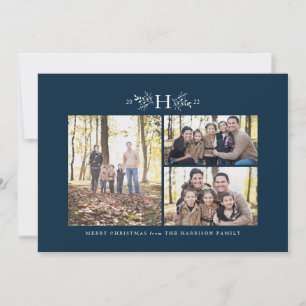 Monogram navy blue three-photo Christmas card
