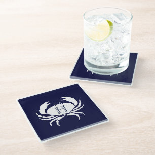 Monogram Navy Blue White Crab Nautical Glass Coaster