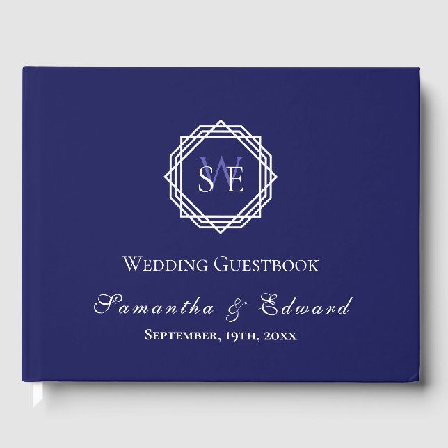 Monogram Navy Blue White Geometric Wedding Guest Book (Front)