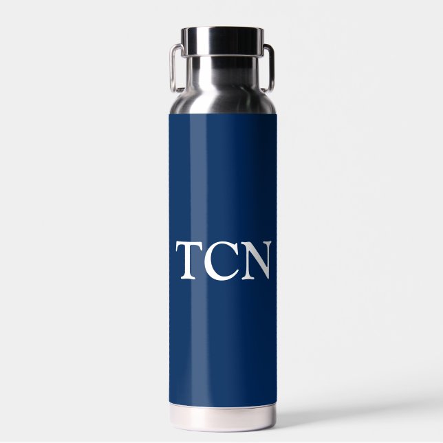 Monogram Navy Blue White Trendy Gift for Him Water Bottle (Front)