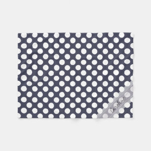 Monogram Navy Blue White Trendy Polka Dot Pattern Fleece Blanket