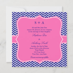 Monogram Navy Blue with Hot Pink Chevron Wedding Invitation