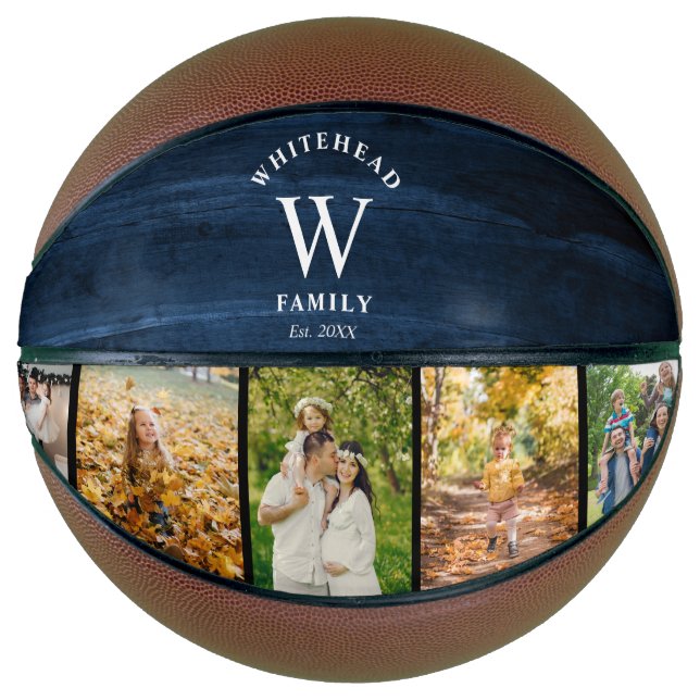 Monogram Navy Blue Wood 5 Photo Collage Basketball (Front)