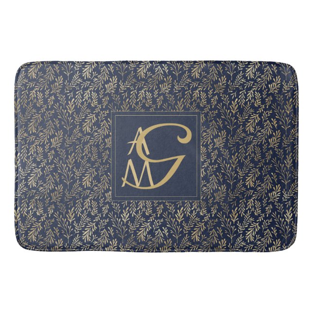 Monogram Navy Gold Leaf Newlyweds Home Decor Gift Bath Mat (Front)