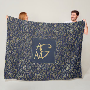 Monogram Navy Gold Leaf Newlyweds Home Decor Gift Fleece Blanket