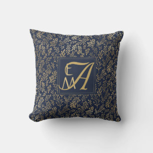 Monogram Navy Gold Leaf Newlyweds New Home Decor Throw Pillow