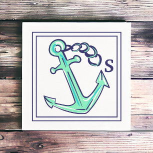 Monogram Navy Green Anchor Nautical Boat Coastal Napkin
