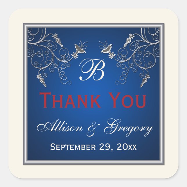 Monogram Navy, Ivory, Red, Silver Floral Sticker (Front)