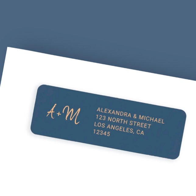 Monogram navy rose gold wedding return address (Creator Uploaded)