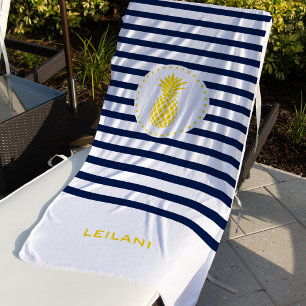 Monogram Navy Stripe with Yellow Pineapple   Beach Towel