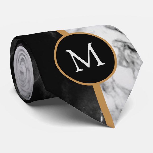 Monogram Neck Tie Black White Marble Checked (Rolled)