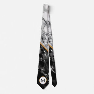 Monogram Neck Tie Black White Marble Stone Design