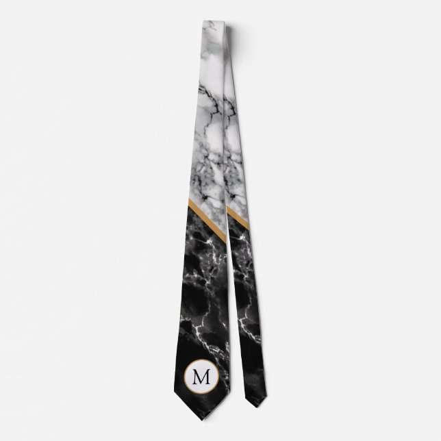 Monogram Neck Tie Black White Marble Stone Design (Front)