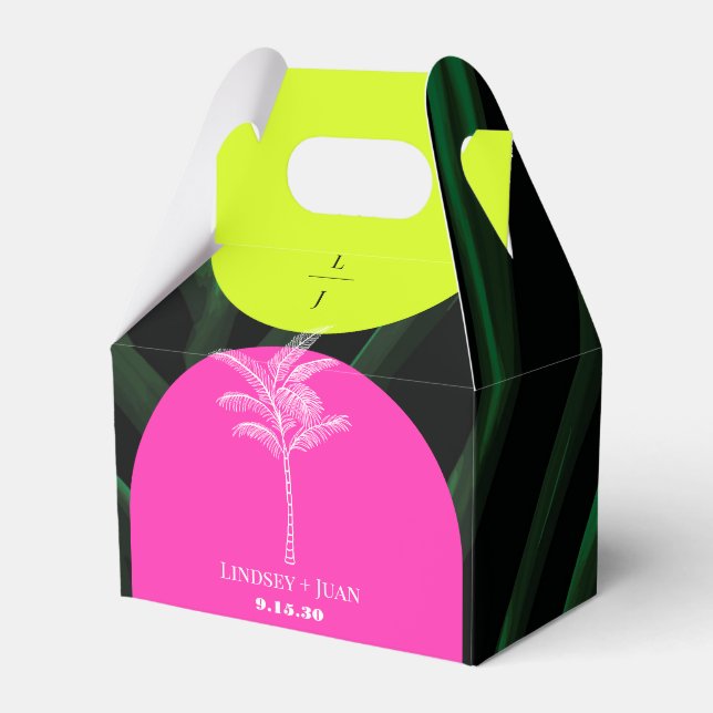Monogram Neon Arches Tropical Palm Tree Wedding Favor Box (Front Side)
