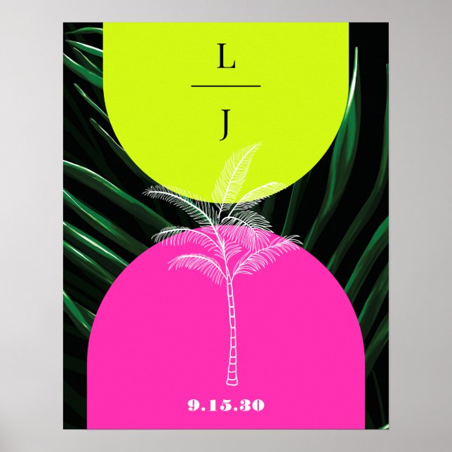 Monogram Neon Arches Tropical Palm Tree Wedding Poster (Front)
