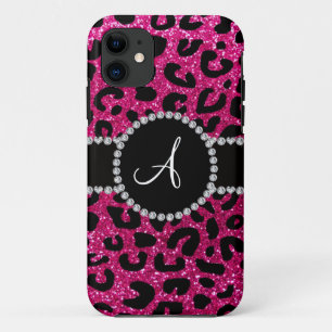 Monogram neon hot pink glitter cheetah pattern iPhone 11 case