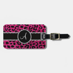 Monogram neon hot pink glitter cheetah pattern luggage tag