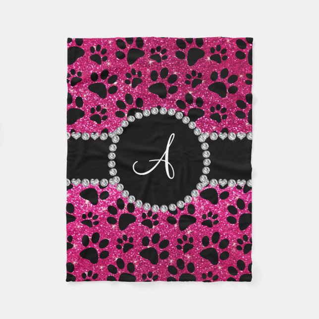 Monogram neon hot pink glitter dog paws fleece blanket (Front)